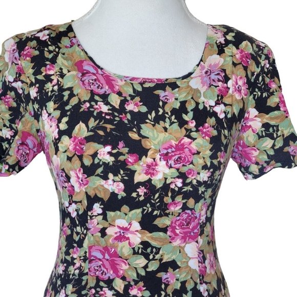 Vintage 90s Black Pink Floral Casual Dress Roses Size 6 8 Rayon Knee‎ Length - Picture 3 of 11